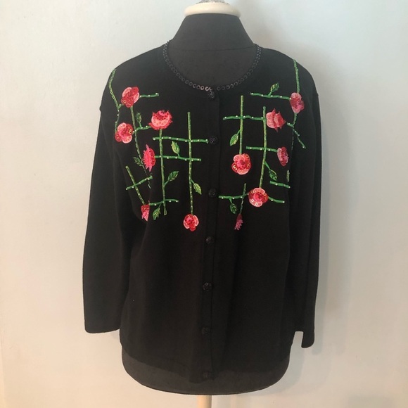 Vintage Beaded Sweater Black with Roses on Trellis Large Cottagecore Cardigan - Picture 1 of 11